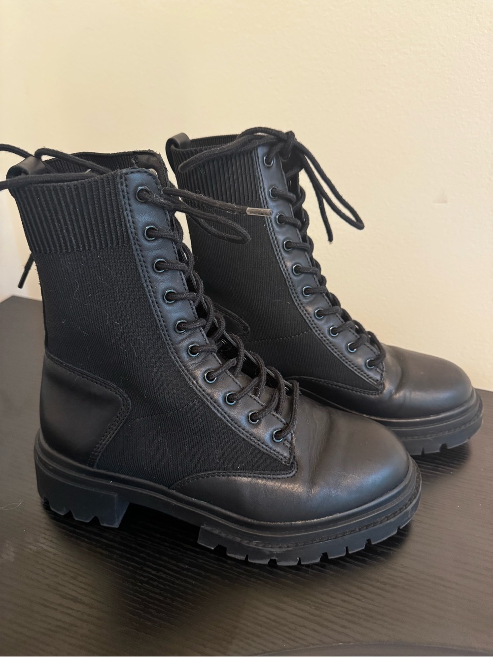 ALDO Black Knit Lace-Up Combat Boots Chunky Lug Sole